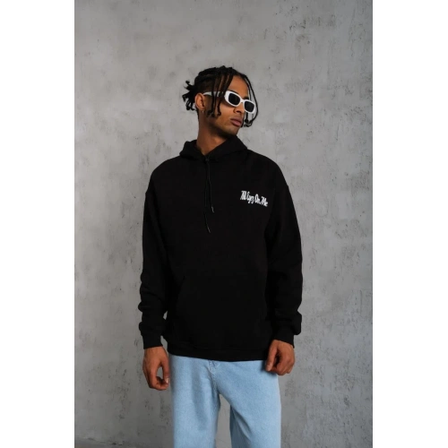 Erkek Oversize Üç İplik Kapüşonlu Sweat – Siyah Kol ve Etek Ribana Detaylı, Ön ve Sırt Baskılı, Kanguru Cepli Rahat Kalıp Model