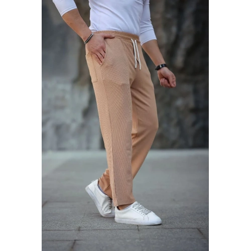 Erkek Paça Yırtmaçlı Burgu selanik dokulu Jogger Buggy Pantalon Rahat kalıp - Kahverengi