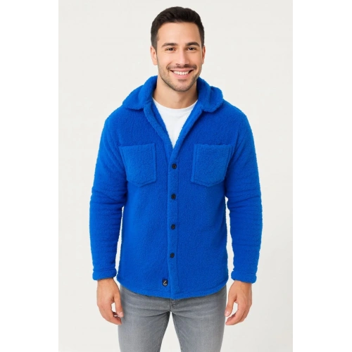 Erkek Pelüş Polar Hırka Gömlek – Yakalı, İlik Düğmeli, Göğüs Cepli, Yumuşak Dokulu Kışlık Regular Fit Rahat Günlük Model - Saks Mavisi