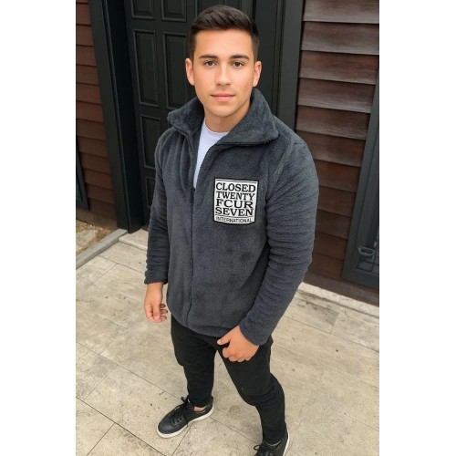 Erkek Desenli Polar Gömlek – Etnik Şerit Desen Yakalı, Uzun Kollu, Düğmeli, Oversize Rahat Kalıp - Füme