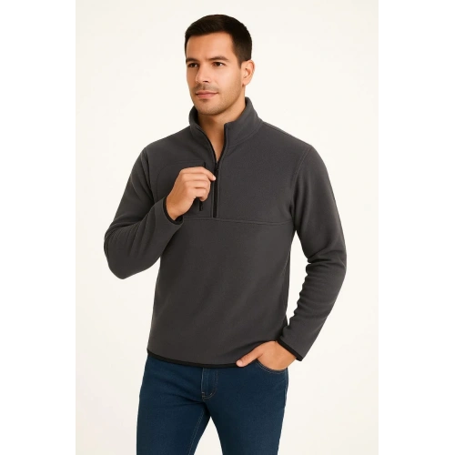 Erkek Polar Kazak – Dik Yaka, Yarım Fermuarlı, Fermuarlı Göğüs Cepli, Siyah Biyeli, Kışlık Rahat Regular Fit Günlük Model - Füme