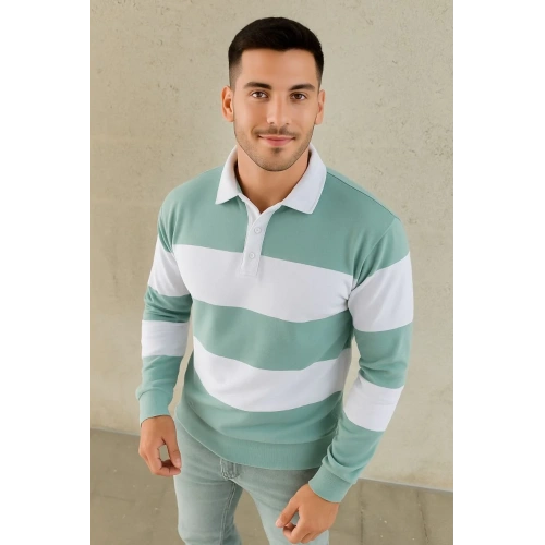 Erkek Polo Yaka Uzun Kollu Çizgili Sweatshirt Trend Rugby Stil - Çağla Yeşili