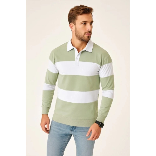 Erkek Polo Yaka Uzun Kollu Çizgili Sweatshirt Trend Rugby Stil - Mint Yeşili