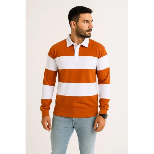 Erkek Polo Yaka Uzun Kollu Çizgili Sweatshirt Trend Rugby Stil - Turuncu