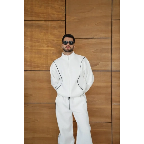 Erkek Premium Parçalı Eşofman Takım - Dik Yaka Fermuarlı Biyeli Sweatshirt Lastik Paça Alt, Oversize 3 iplik Şardonlu - Beyaz