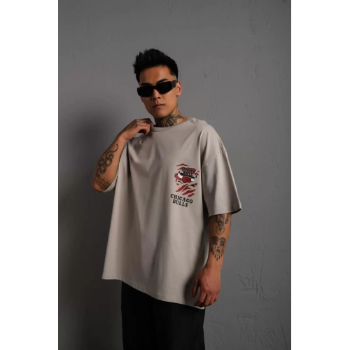 Erkek Sırt Baskılı A Kalite Oversize T-shirt - Gri