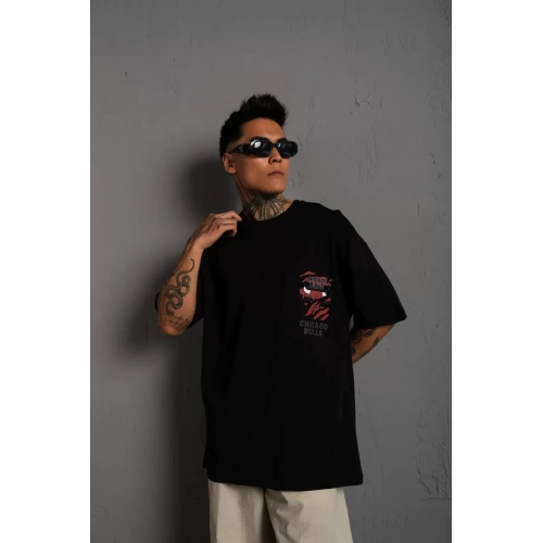 Erkek Sırt Baskılı A Kalite Oversize T-shirt - Siyah