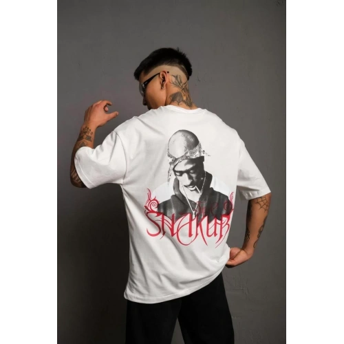 Erkek Oversize Tişört – Beyaz 24/1 Penye Kumaş, Bisiklet Yaka, Ön & Arka Baskılı, Streetwear Tarzı Rahat Büyük Kalıp T-Shirt- Beyaz