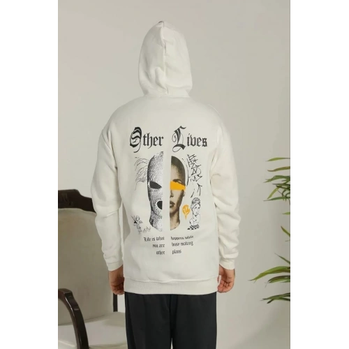 Erkek Kapşonlu Sweatshirt – Oversize Üç İplik Şardonlu Hoodie, “Other Lives” Ön & Arka Baskılı, Kanguru Cepli, Kışlık Rahat Günlük Stil - Beyaz