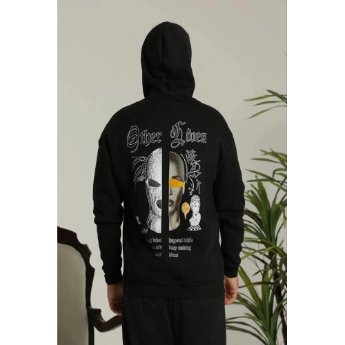 Erkek Kapşonlu Sweatshirt – Oversize Üç İplik Şardonlu Hoodie, “Other Lives” Ön & Arka Baskılı, Kanguru Cepli, Kışlık Rahat Günlük Stil - Siyah