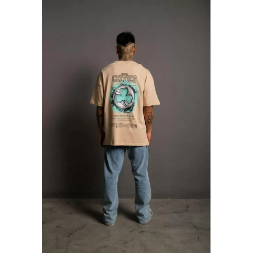 Erkek Sırt Baskılı T-shirt - Bej