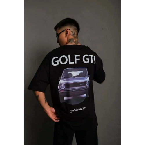 Erkek Oversize Baskılı Tişört – Golf GTI Retro Araba Desenli, Ön & Arka Dijital Baskı, Sokak Modası Stil - Siyah