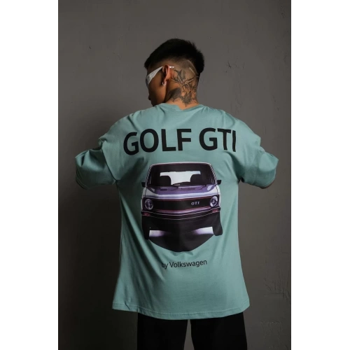 Erkek Oversize Baskılı Tişört – Golf GTI Retro Araba Desenli, Ön & Arka Dijital Baskı, Sokak Modası Stil - Mint Yeşili