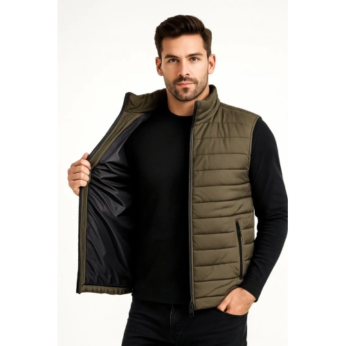 Erkek Şişme Fermuarlı Yelek Su itici Kapitone Astarlı Kumaş Cepli Hafif Kışlık Spor Rahat Kalıp - Haki