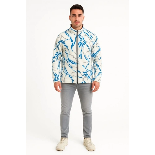 Erkek Tam Fermuarlı Desenli Polar Sweat Lightning Desen Yakalı, Uzun Kollu, Oversize Rahat Kalıp - Beyaz