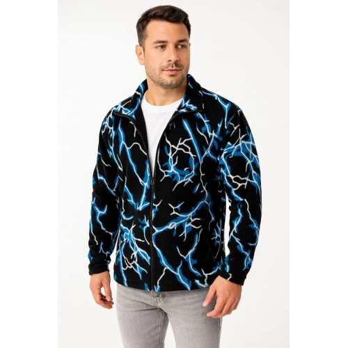 Erkek Tam Fermuarlı Desenli Polar Sweat Lightning Desen Yakalı, Uzun Kollu, Oversize Rahat Kalıp - Siyah
