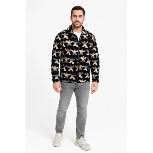 Erkek Tam Fermuarlı Desenli Polar Sweat – Siyah Multicolor Figür Desen Yakalı, Uzun Kollu, Oversize Rahat Kalıp- Siyah