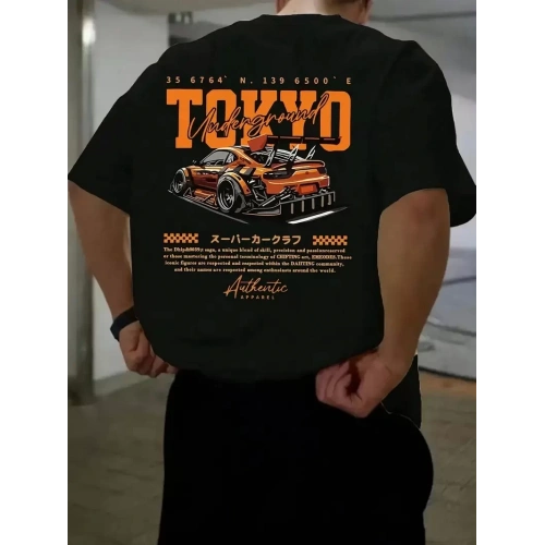 Erkek Turuncu Spor Araba Grafik Tişört - TOKYO Baskılı Günlük Oversize Kısa Kollu Tişört, Yetişkinler için Yazlık Giyim, Turuncu Araba Tasarımı- Siyah