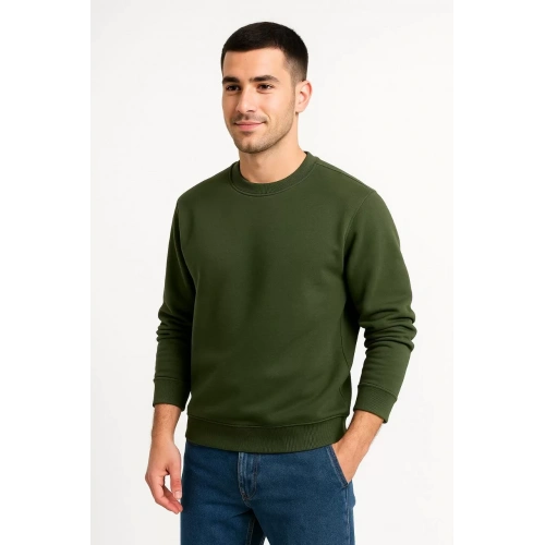 Erkek Üç İplik Düz Bisiklet Yaka SweatShirt - Haki