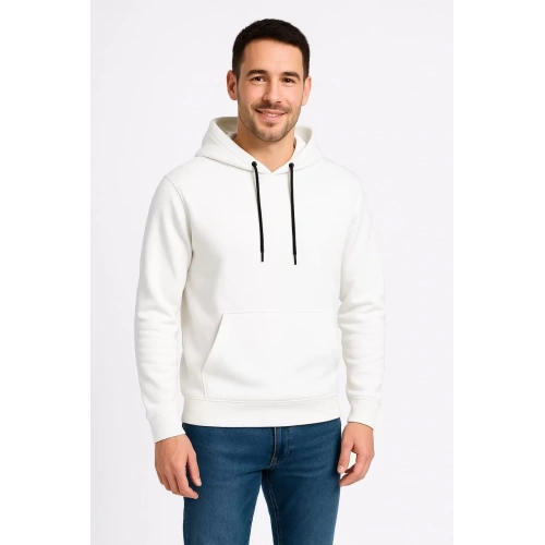 Erkek Üç İplik Kapüşonlu Kanguru Cepli SweatShirt hoodie - Beyaz