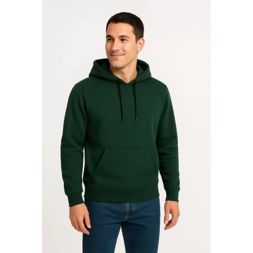 Erkek Üç İplik Kapüşonlu Kanguru Cepli SweatShirt hoodie - Haki