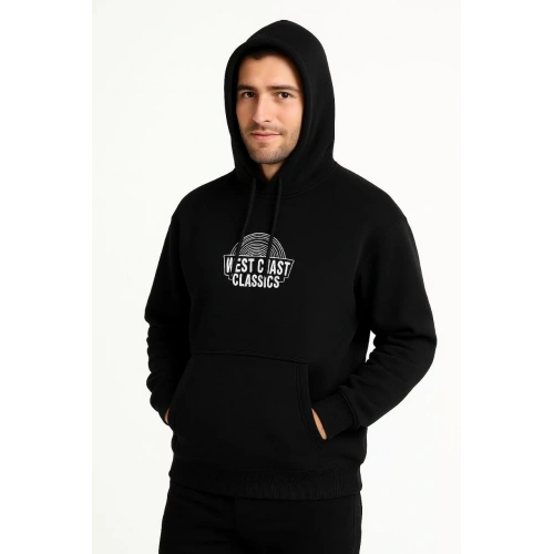 Erkek Kapşonlu Sweatshirt – Oversize Üç İplik Şardonlu Hoodie, “West Coast Classics” Ön & Arka Baskılı, Kanguru Cepli Kışlık Günlük Stil - Siyah