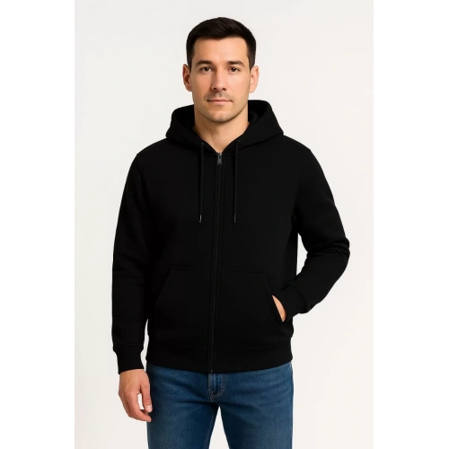 Erkek Üç İplik Kapüşonlu Tam Fermuarlı Kanguru Çepli SweatShirt Hoodie - Siyah