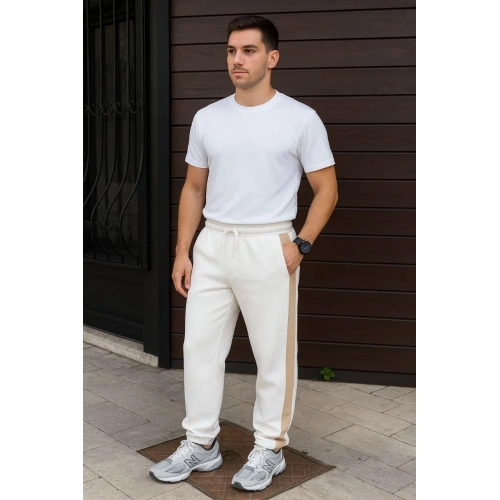 Erkek Üç İplik Kışlık Pamuklu Yandan Garneli Kalın Bej Şeritli Cepli Eşofman Altı - Beyaz