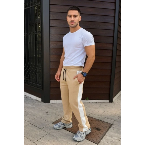 Erkek Üç İplik Kışlık Pamuklu Yandan Garneli Kalın Şeritli Cepli Eşofman Altı - Bej