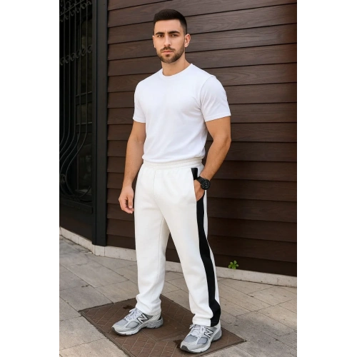 Erkek Üç İplik Kışlık Pamuklu Yandan Garneli Kalın Şeritli Cepli Eşofman Altı - Beyaz