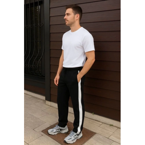 Erkek Üç İplik Kışlık Pamuklu Yandan Garneli Kalın Şeritli Cepli Eşofman Altı - Siyah