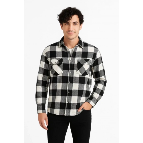 Erkek Oduncu Gömlek – Uzun Kollu, Şardonlu Kumaş, Kareli Desen, Regular Fit, Manşetli, Çift Cepli, Rahat Günlük Bahar & Kış Stil - Siyah