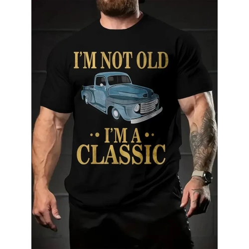 Erkek Vintage Araba Grafik T-Shirt - Ben Yaşlı Değilim Ben Bir Klasiğim Esprili Baskı  Nefes Alabilir Kumaş, Günlük Yaz ve Yıl Boyu Giyim için Oversize Kısa Kollu Tişört - Siyah