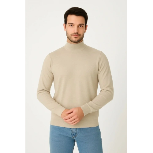 Erkek Yarım Boğaz Triko Kazak yumuşak dokulu Pamuklu ince Dokuma, uzun kollu Rahat Regular kalıp - Bej