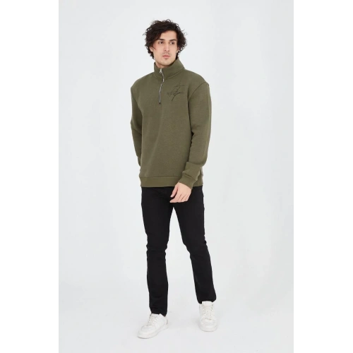 Erkek Yarım Fermuarlı Baskılı Sweat - Yeşil