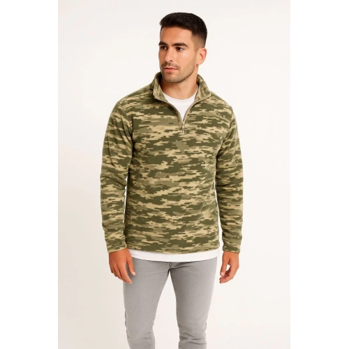 Erkek Yarım Fermuarlı Desenli Polar Sweat – Haki Kamuflaj Yakalı, Uzun Kollu, Oversize Rahat Kalıp - Haki