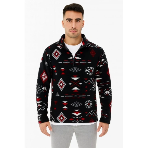 Erkek Yarım Fermuarlı Desenli Polar Sweat Tribal Etnik Desen Yakalı, Uzun Kollu, Oversize Rahat Kalıp, - Siyah