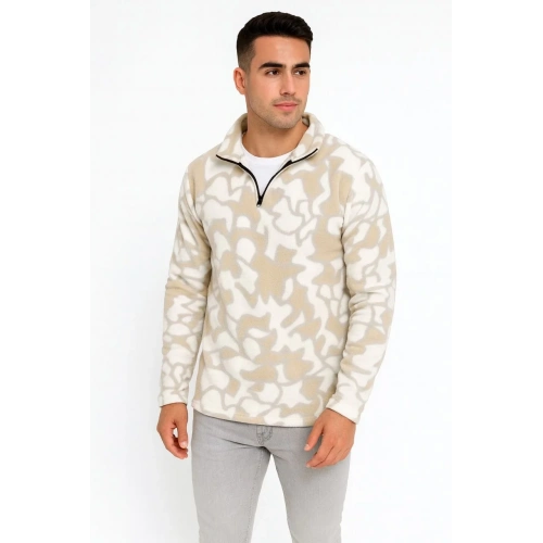 Erkek Yarım Fermuarlı Desenli Polar Sweat Yakalı, Uzun Kollu, Oversize Rahat Kalıp - Bej