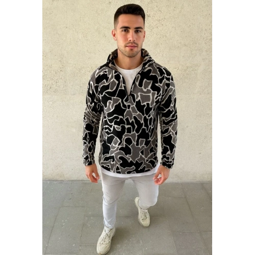 Erkek Yarım Fermuarlı Desenli Polar Sweat Yakalı, Uzun Kollu, Oversize Rahat Kalıp - Siyah