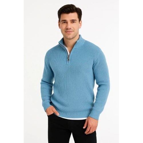 Erkek Yarım Fermuarlı Triko Kazak – Selanik Örgü, Dik Yaka, Pamuklu Dokuma, Regular Fit Uzun Kollu Kışlık Model - Bebe Mavisi