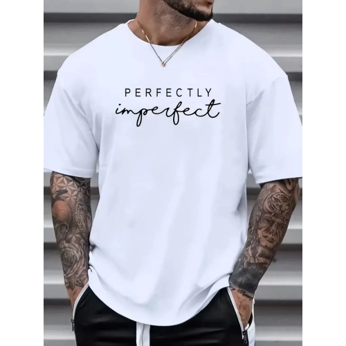 erkekler için Ön Arka Baskılı PERFECTLY günlük Kısa Kol tişört - Beyaz