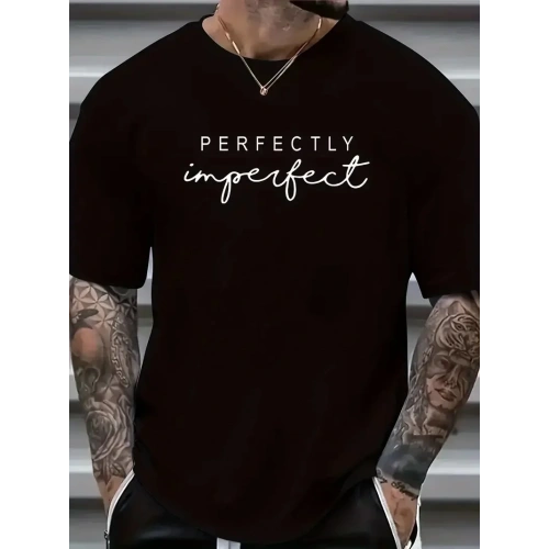 erkekler için Ön Arka Baskılı PERFECTLY günlük Kısa Kol tişört - Siyah