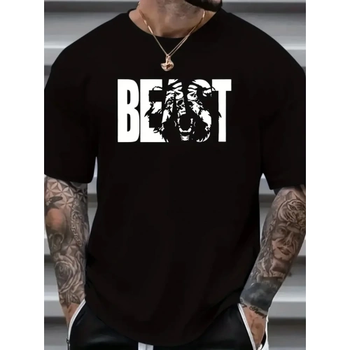 Eşsiz Baskı Tasarımlı Şık Büyük Beden Erkek Tişörtü - Rahat Polyester, Makinede Yıkanabilir, Yuvarlak Yaka - Her Mevsim İçin Mükemmel - Siyah