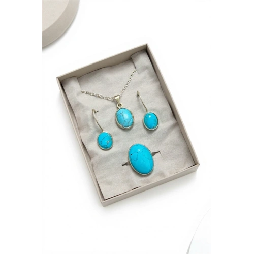 EUROMODA ÖZEL TASARIMLI  925 AYAR GÜMÜŞ  MAVİ  OVAL TAŞLI SİYAH ÇİZGİLİ TAKIM