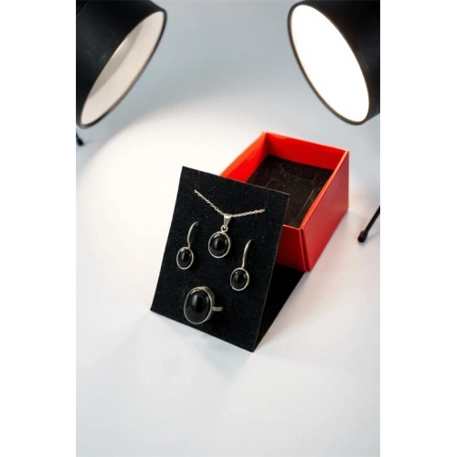 EUROMODA  ÖZEL TASARIMLI  925 AYAR GÜMÜŞ SİYAH OVAL TAŞLI  TAKIM