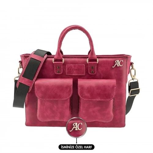 İsme Özel Askılı Cepli Evrak - Laptop Çantası - %100 Rainbow Deri - AC09002 - Fuşya