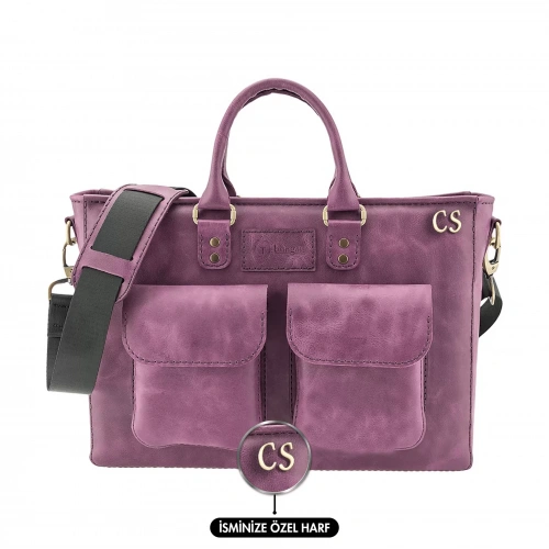 İsme Özel Askılı Cepli Evrak - Laptop Çantası - %100 Rainbow Deri - AC09002 - Mor