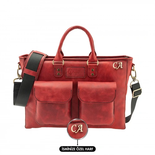 İsme Özel Askılı Cepli Evrak - Laptop Çantası - %100 Rainbow Deri - AC09002 - Kırmızı