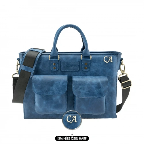İsme Özel Askılı Cepli Evrak - Laptop Çantası - %100 Rainbow Deri - AC09002 - Saks Mavisi