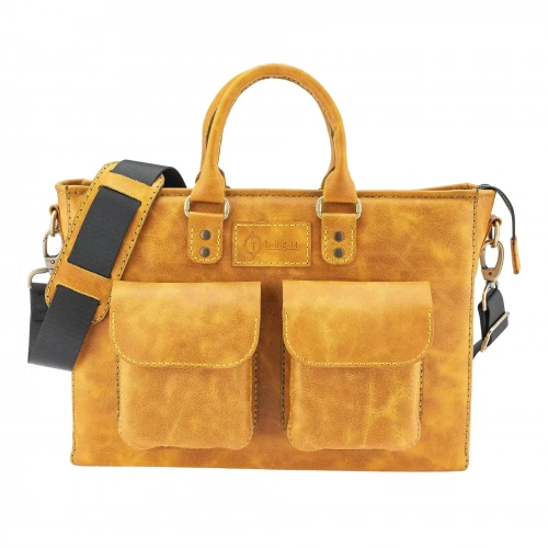 İsme Özel Askılı Cepli Evrak - Laptop Çantası - %100 Rainbow Deri - AC09002 - Hardal Sarısı